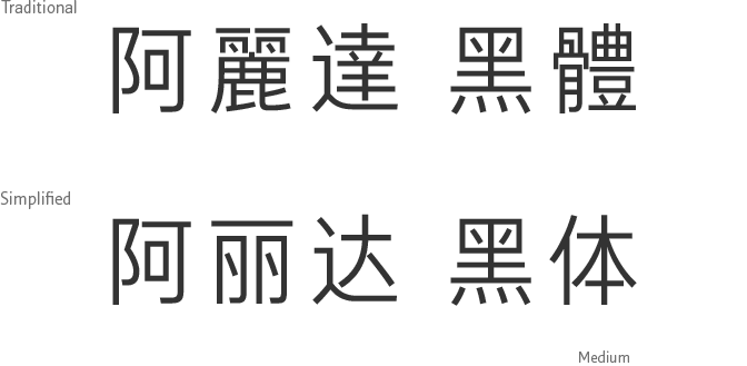 아리따흑채 폰트 굵기 중문 예시 : 阿麗達 黑體 , 阿丽达 黑体